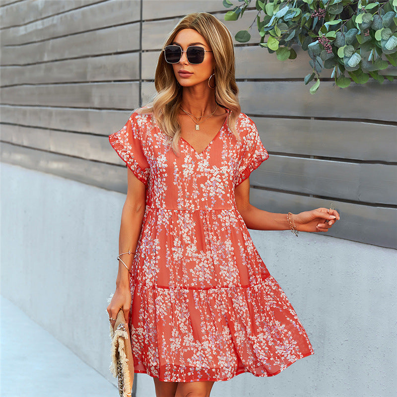 Women Ruffle Loose Short Dress Red