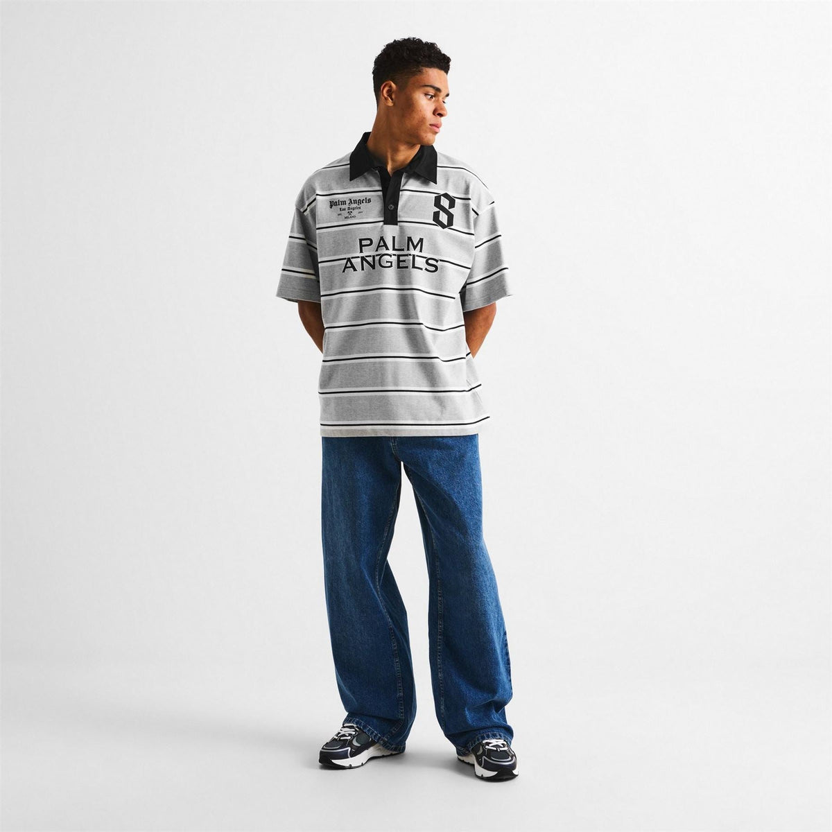 Palm Angels Stripe Logo Print Collared Short Sleeve Polo Shirt