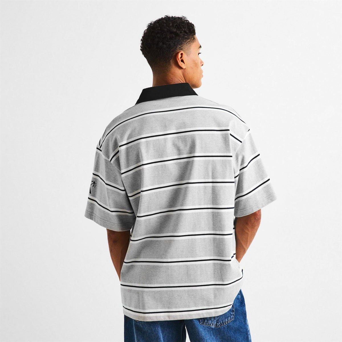 Palm Angels Stripe Logo Print Collared Short Sleeve Polo Shirt