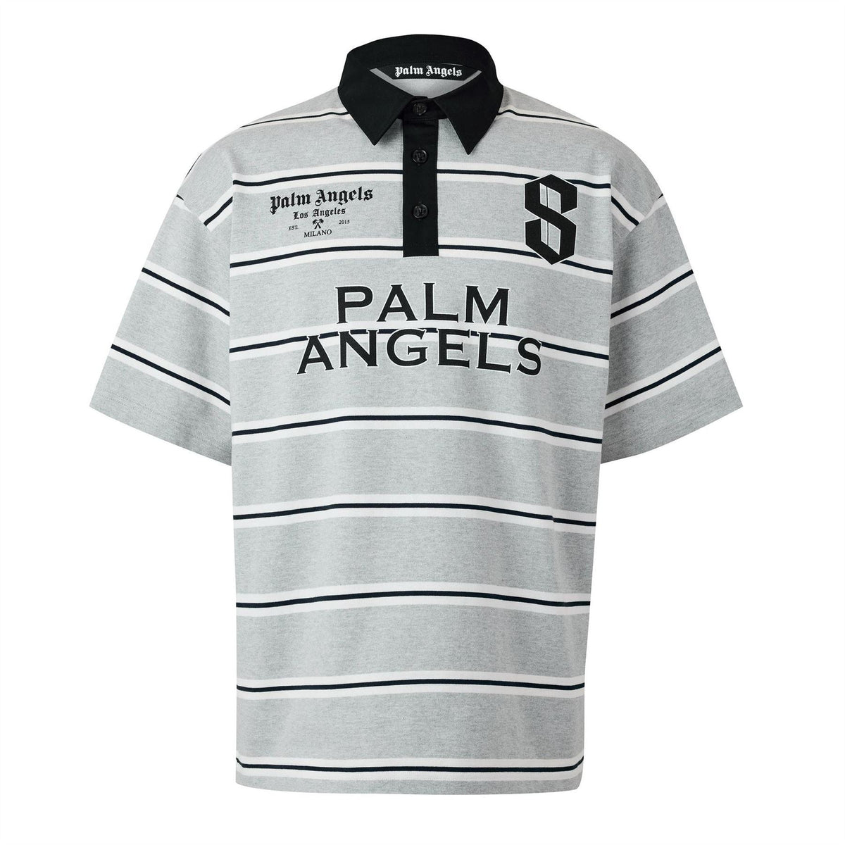 Palm Angels Stripe Logo Print Collared Short Sleeve Polo Shirt