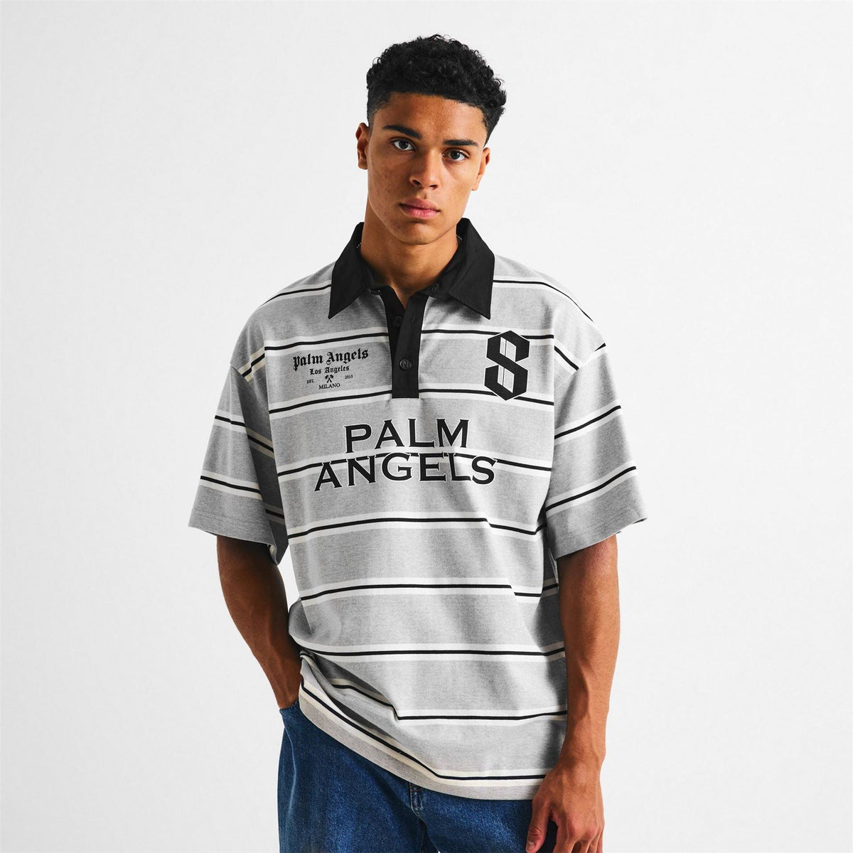 Palm Angels Stripe Logo Print Collared Short Sleeve Polo Shirt